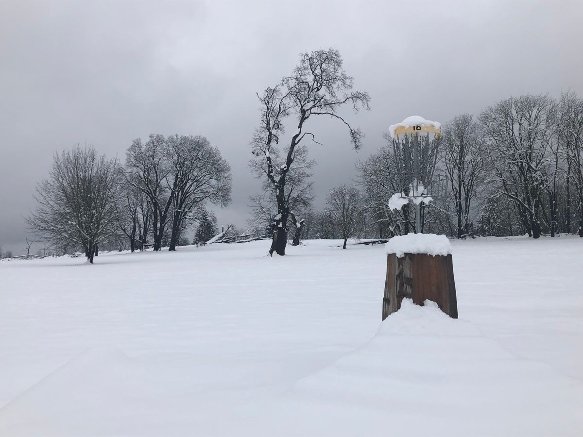 Stewart Pond course blanketed in winter snow with basket visible